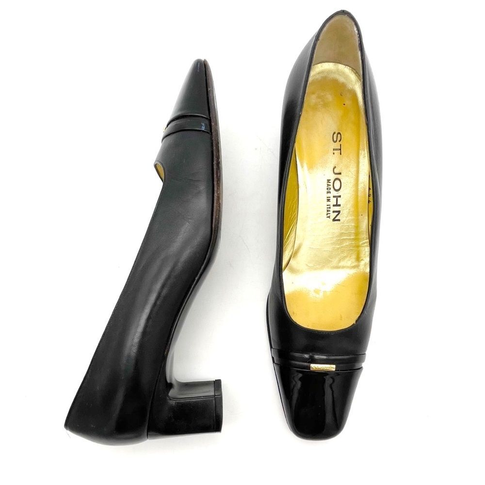 St. John Black Leather Cap Toe Heels Made in Italy Pumps Size 7 Vintage 80s 90s